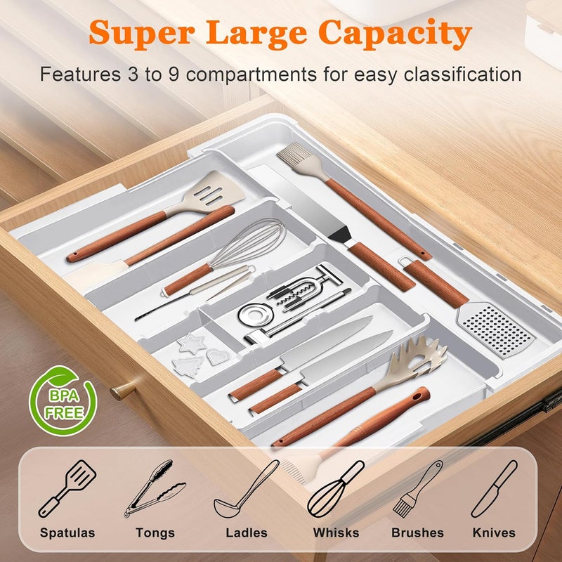 Spaclear Large Utensil Drawer Organizer Expandable Silverware Organizer for Kitchen Drawer Adjustable Cooking Utensil Holder Cutlery Flatware Tray Spatula Tools Gadgets Storage Dividers Plastic White - Image 2